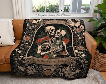 Dark Romantic Skeleton Blanket | Personalized Wedding Blanket Spooky Halloween Skeleton Tapestry His & Hers Anniversary Gift For Girlfriend