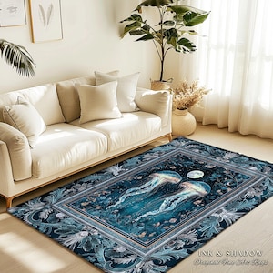 Lunar Ocean Jellyfish Rug Deep Blue Ethereal Coastal Decor, Enchanted Art Nouveau Cottagecore Marine Scene Moonlight Nautical Underwater Rug image 9