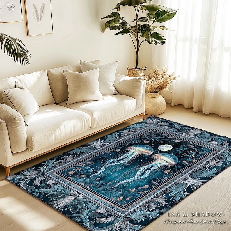 Lunar Ocean Jellyfish Rug Deep Blue Ethereal Coastal Decor, Enchanted Art Nouveau Cottagecore Marine Scene Moonlight Nautical Underwater Rug image 9