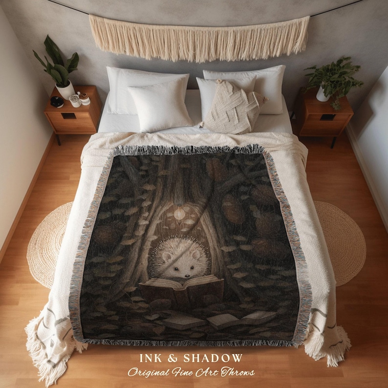 Hedge Hog Book Nook Blanket | Forestcore Dark Woodland Cottagecore Tapestry Woven Mystical Bookish Gift for Reader Cozy Throw Hedgehog Lover image 2