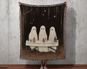 Ghost Family Retro Halloween Decor Blanket Woven | Spooky Cute Ghost Art Woven Tapestry Blanket Halloween Decor Dark Academia Vintage Decor