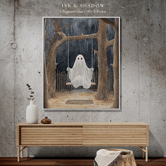 Ghost on a Swing Halloween Cute Tapestry Vintage Blanket Woven 