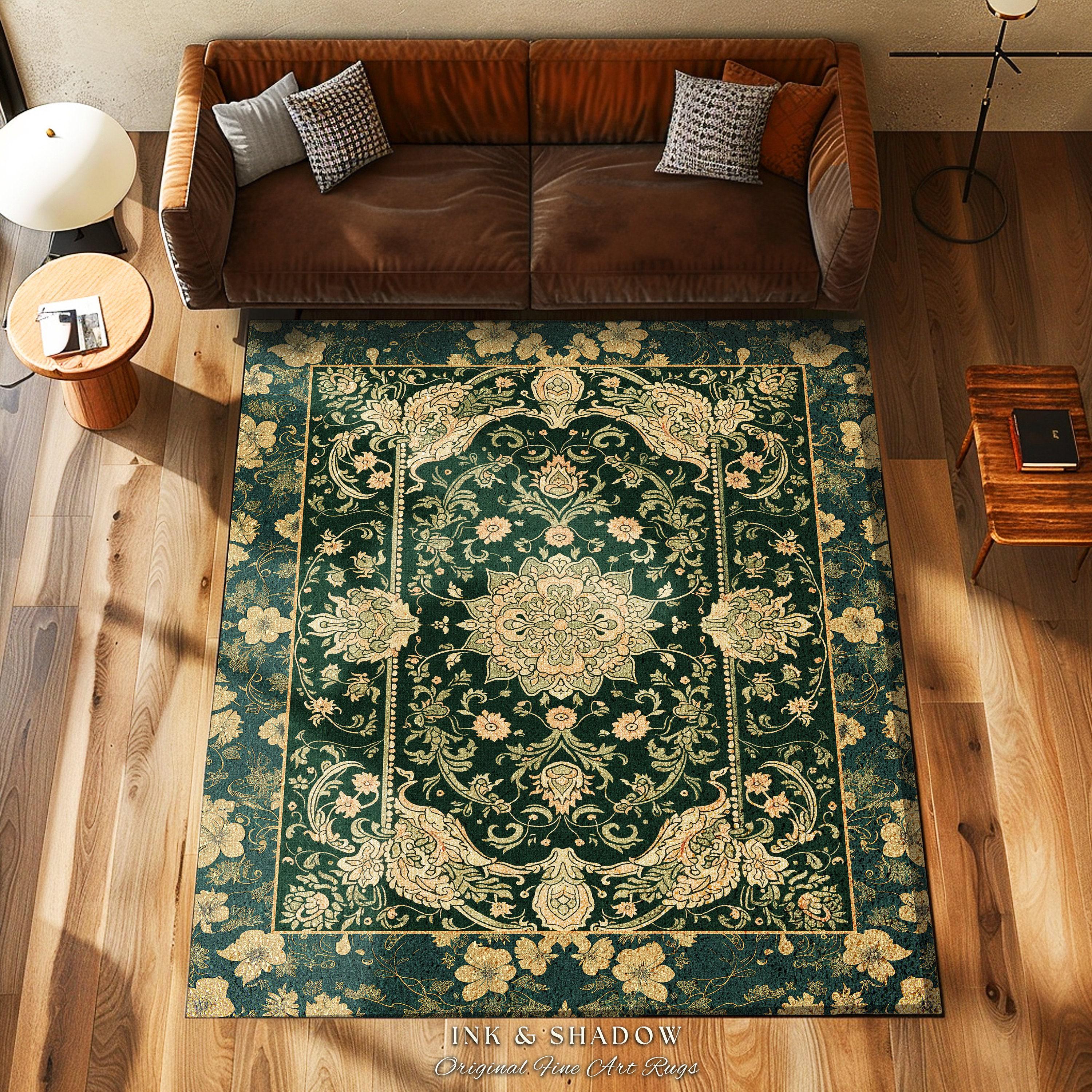 Victorian Botanical Medallion Emerald Green Rug Antique Rose Gold