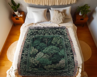 Verdant Greenery Botanical Woven Coverlet | Woodland Magical Aesthetic Living Room Green Tapestry Plant Loving Bedroom Blanket Gift Emerald