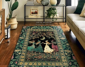 Whimsical Witch Sisterhood Accent Rug | Dreamy Dark Witchy Coven Forest Baroque Floral Gothic Decor Mystic Boho Sorceress Woodland Area Rug