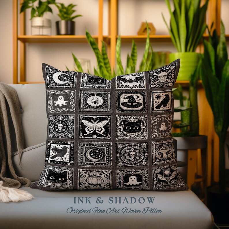 May include: A black and white woven pillow with a Halloween theme. The pillow features a variety of spooky and whimsical designs, including bats, ghosts, cats, spiders, and pumpkins. The pillow is made of a soft, comfortable fabric and is perfect for adding a touch of Halloween spirit to your home decor. The pillow has the text "INK & SHADOW Original Fine Art Woven Pillow" printed on the bottom.