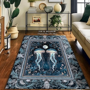 Lunar Ocean Jellyfish Rug Deep Blue Ethereal Coastal Decor, Enchanted Art Nouveau Cottagecore Marine Scene Moonlight Nautical Underwater Rug image 1