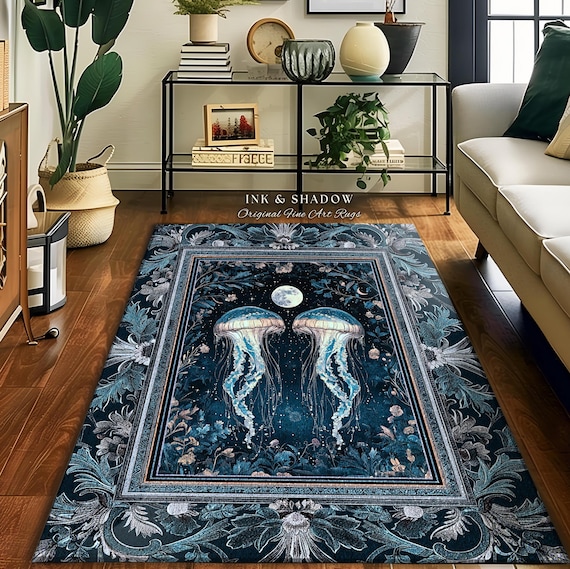 Lunar Ocean Jellyfish Rug Deep Blue Ethereal Coastal Decor, Enchanted Art Nouveau Cottagecore Marine Scene Moonlight Nautical Underwater Rug