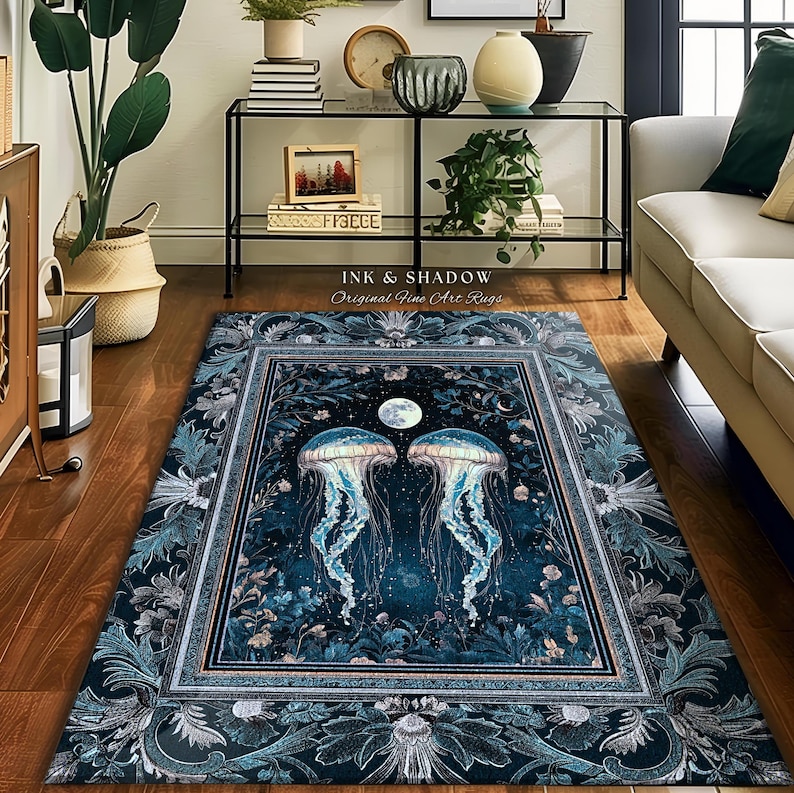 Lunar Ocean Jellyfish Rug Deep Blue Ethereal Coastal Decor, Enchanted Art Nouveau Cottagecore Marine Scene Moonlight Nautical Underwater Rug image 1