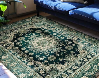 Victorian Gothic Bedroom Rug | Reading Nook Cozy Floor Rug Ornate Statement Rug with Blue Green Detail Cottagecore Dark Academia Aesthetic