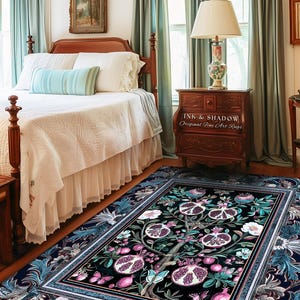 Enchanted Floral Pomegranate Rug Whimsigothic Botanical Witch Cottagecore Decor, Witchy Dark Academia Indigo Blue Forestcore Art Nouveau Rug imagem 9