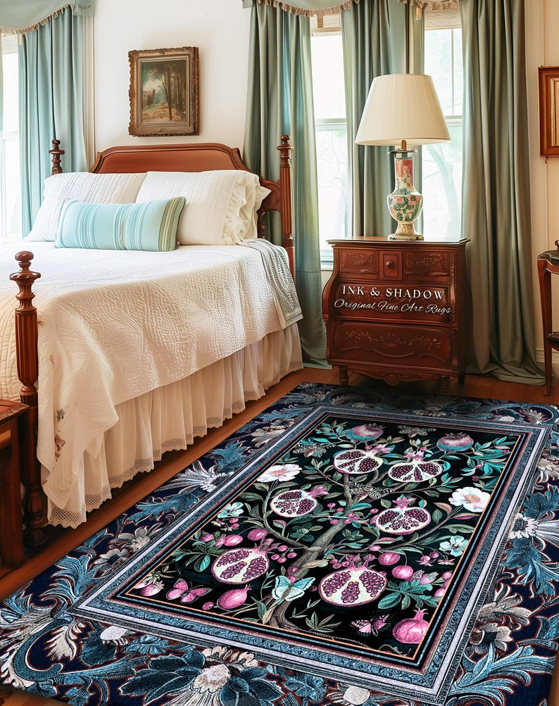 Enchanted Floral Pomegranate Rug Whimsigothic Botanical Witch Cottagecore Decor, Witchy Dark Academia Indigo Blue Forestcore Art Nouveau Rug imagem 9