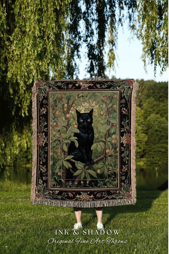 Black Cat Botanical Blanket | Dark Floral Bedroom Decor Cottagecore Reading Corner Gothic Tapestry Woven Dark Fairycore Room Woodland Art