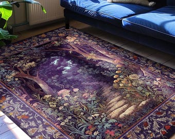Magical Woodland Mushroom Rug | Fairytale Theme Woodland Botanical Aesthetic Whimsical Home Decor Bedroom Housewarming Gift Purple Woods |