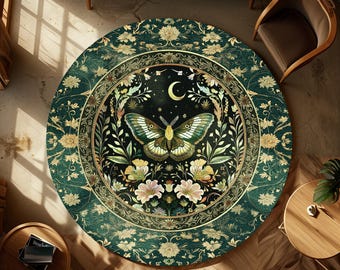 Dark Green Cottagecore Round Moth Rug Ethereal Botanical Fairycore Decor | Moonlit Garden Boho Butterfly Art Floral Moonlit Woodland Whimsy