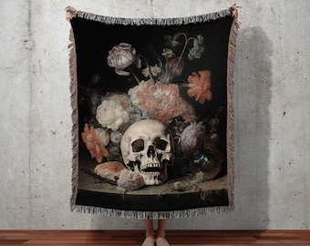 Floral Victorian Gothic Skull Tapestry Woven Wall Hanging | Gothic Renaissance Art Blanket Woven | Whimsigoth Room Decor Floral Art Blanket