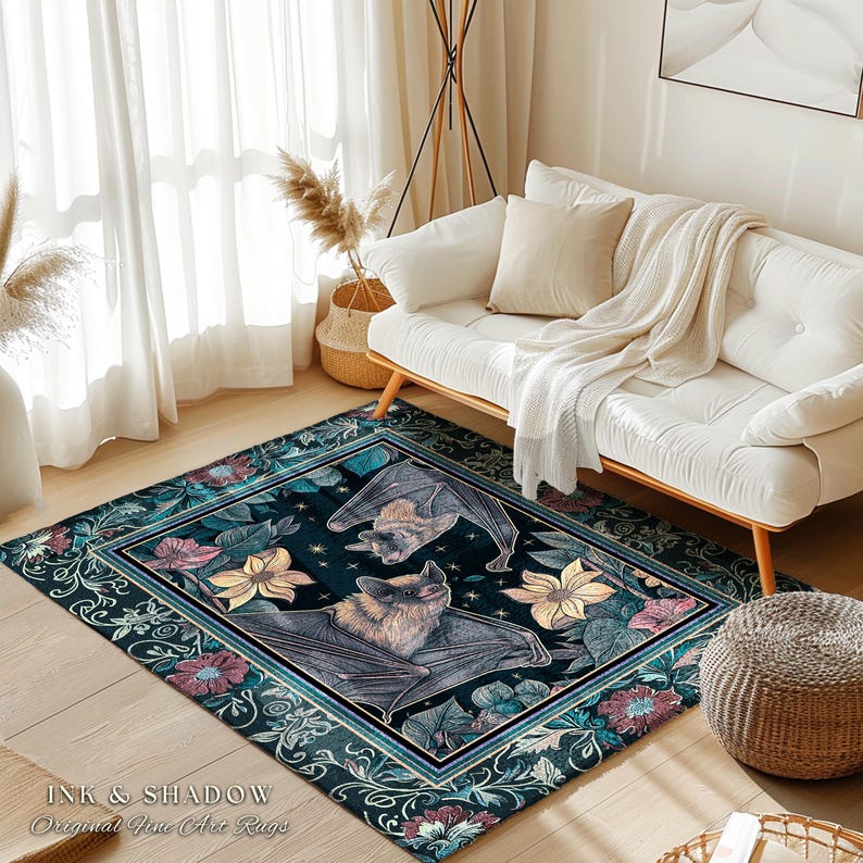 Moody Dark Acedemia Tapestry Woven Bat Rug Starry Night Woodland Gothic Floral Decor, Antique Aesthetic Victorian Botanical Whimsigothic Art imagen 4