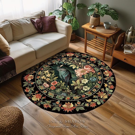 Woodland Gothic Raven Rug Dark Botanical Cottagecore Crow Decor