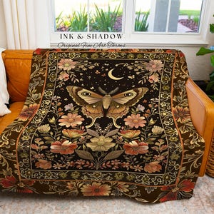 Rustic Floral Cottageore Moth Throw Blanket Vintage Aesthetic Fairycore Room Decor | Dark Academia Botanical Butterfly Moth Tapestry Blanket