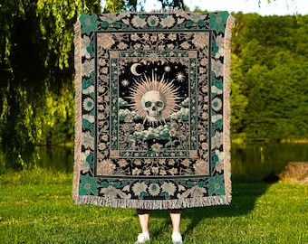 Moody Mystic Skull Boho Throw Blanket | Macabre Gothic Vintage Fall Woven Wall Tapestry Dark Academia Style Woven Skeleton Whimsigoth Gift |