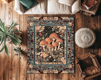 May include: A rectangular area rug featuring a central image of red and white spotted mushrooms surrounded by flowers. The rug has a dark red border with floral and leaf patterns. The text "INK & SHADOW Original Fine Art Rugs" is at the bottom.