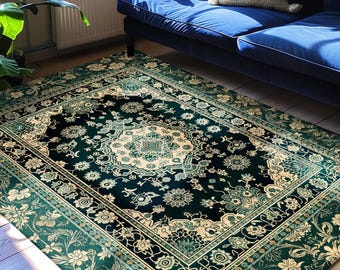 May include: A rectangular area rug featuring a dark green background with an intricate cream and light green floral pattern. The design includes a central medallion and a wide decorative border with repeating botanical motifs and the text Ink & Shadow.