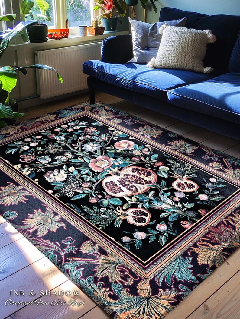 Witchy Dark Academia Pomegranate Rug Whimsigothic Floral Home Decor, Enchanted Woodland Cottagecore Botanical Victorian Gothic Nature Accent image 4