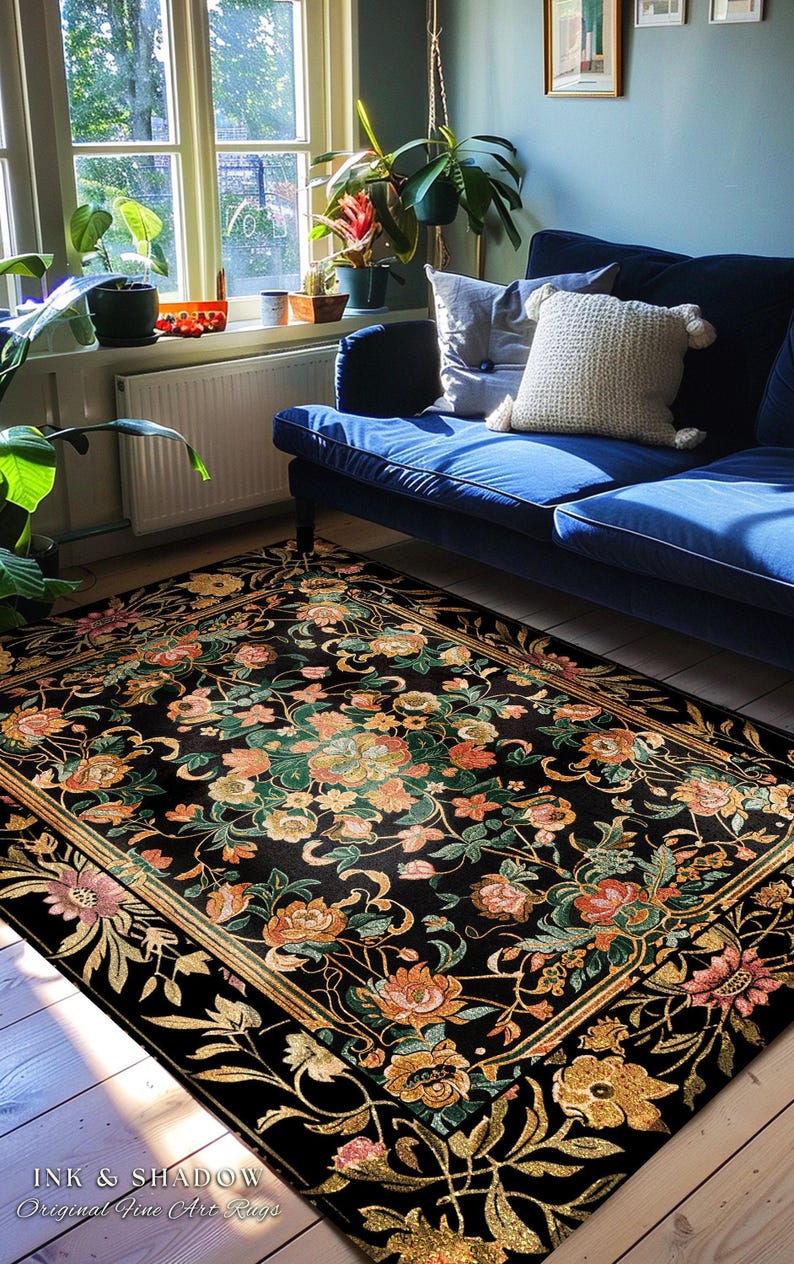 Dark Floral Cottagecore Rug | Bohemian Aesthetic Living Room Home Decor ...