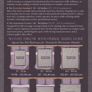 May include: A guide for woven throws, featuring three sizes: 37x52 inches, 50x60 inches, and 60x80 inches. Includes a Queen size bed reference for vertical and horizontal blanket placement. The text reads "INK & SHADOW" at the top and bottom.