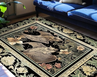 Cottagegoth Goblincore Bat Lovers Rug Gothic Cottagecore Decor | Dark Woodland Bat Art Ethereal Botanical Rug Boho Grunge Fairycore Decor