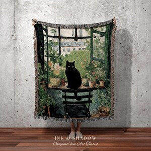 Cat Tapestry Botanical Blanket Woven Throw | Black Cat Painting Wall Art Pastel Decor Indie Aesthetic Dorm Room Tapestry Blanket Cute Cat zdjęcie 3