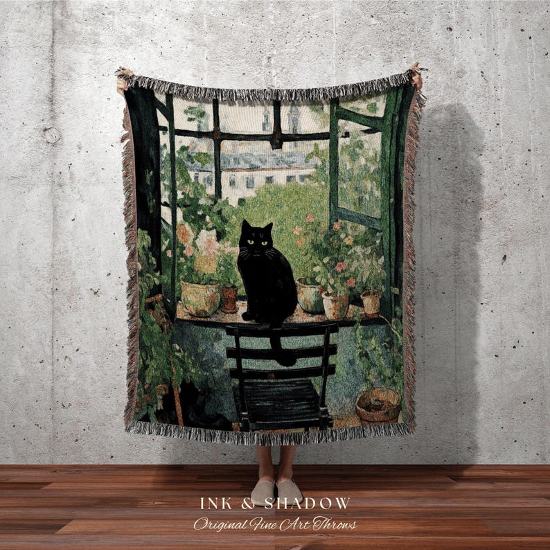 Cat Tapestry Botanical Blanket Woven Throw | Black Cat Painting Wall Art Pastel Decor Indie Aesthetic Dorm Room Tapestry Blanket Cute Cat zdjęcie 3