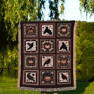 Retro Crow Pumpkin Farmhouse Throw Cottagecore Witch Decor | Vintage Aesthetic Witchy Tapestry Blanket Fall Vibes Maximalist Unique Gift image 3