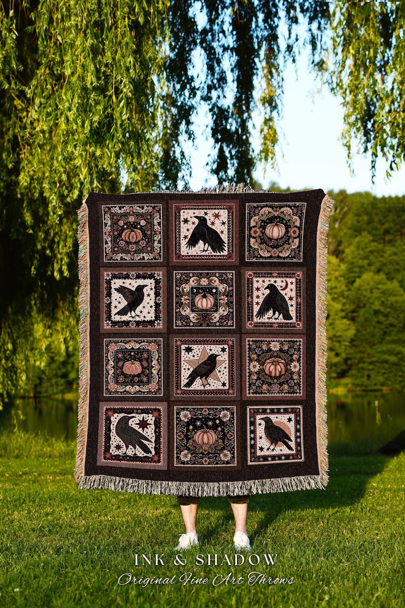 Retro Crow Pumpkin Farmhouse Throw Cottagecore Witch Decor | Vintage Aesthetic Witchy Tapestry Blanket Fall Vibes Maximalist Unique Gift image 3