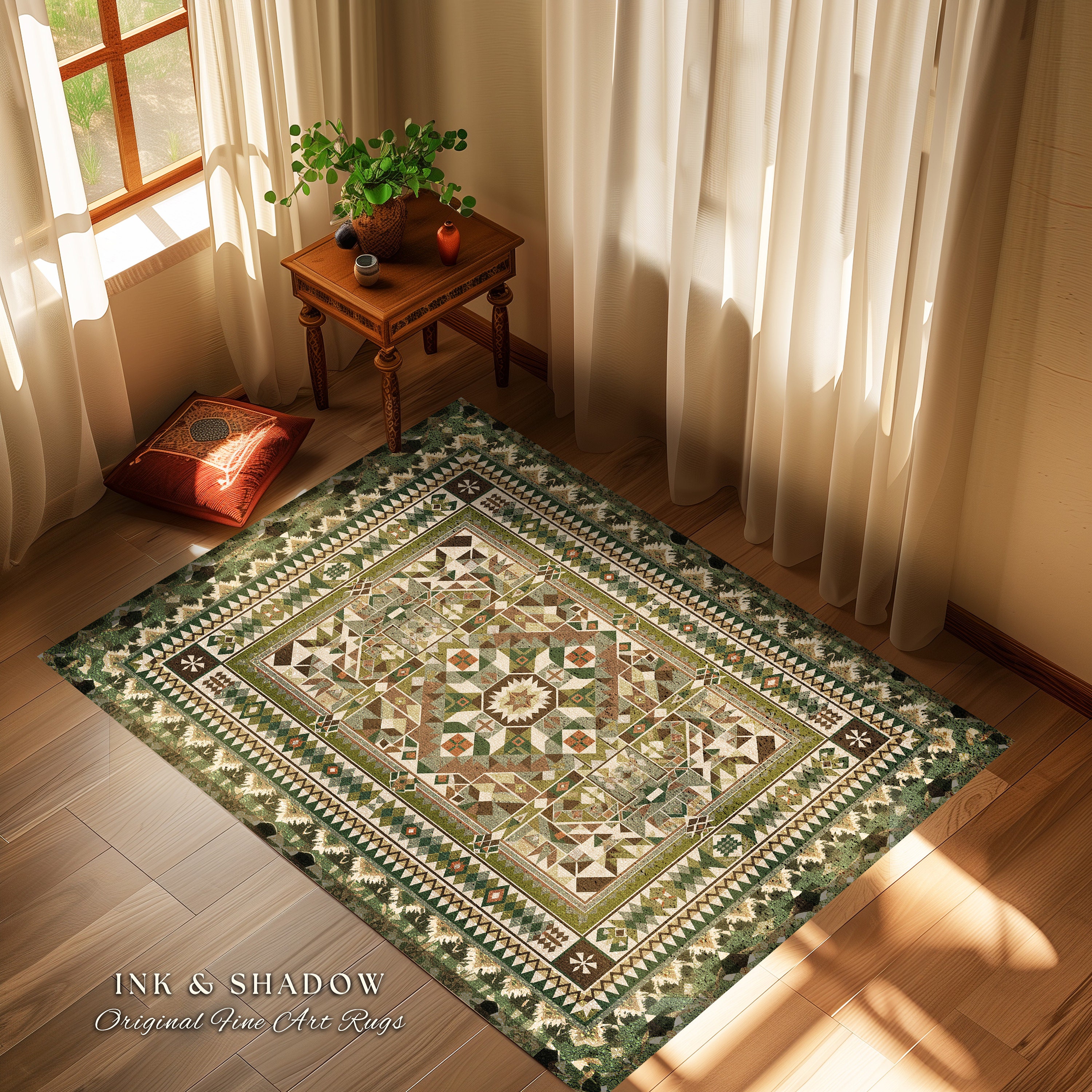 Rustic Geometric Green Rug | Midcentury Home Accent Ornate