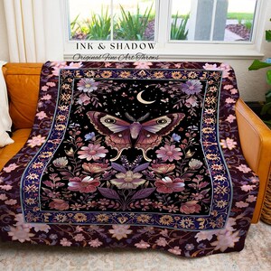 Purple Moth Celestial Blanket Boho Fairycore Dark Floral Decor | Enchanted Goth Cottagecore Butterfly Lovers Moth Moon Tapestry Whimsical image 3