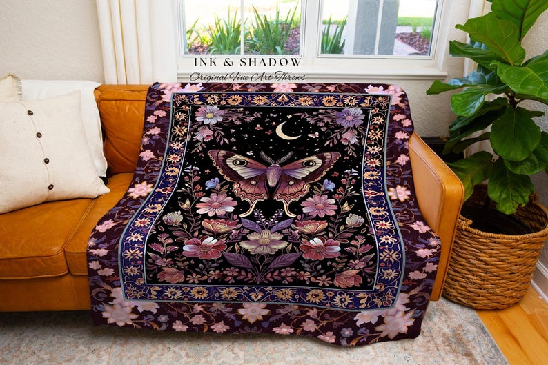 Purple Moth Celestial Blanket Boho Fairycore Dark Floral Decor | Enchanted Goth Cottagecore Butterfly Lovers Moth Moon Tapestry Whimsical image 3