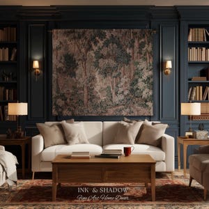 May include: A living room scene with a white sofa, wooden coffee table, and a tapestry depicting a forest scene. The room has dark blue walls, bookshelves, and a patterned rug. The text "INK & SHADOW Fine Art Home Decor" is visible.