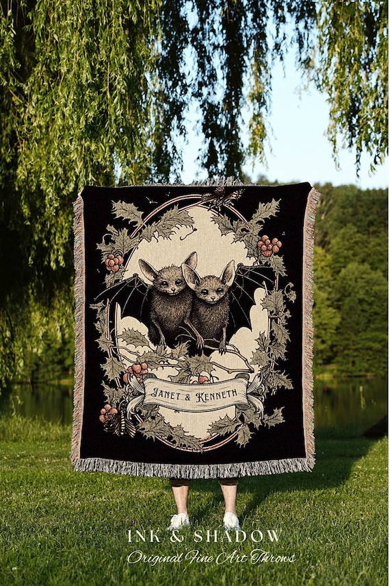 Vintage Bat Blanket Couples Tapestry Custom Gift | Gothic Christmas Personalized Blanket Woven | Gift for Goth Couples Holiday Blanket Bat |