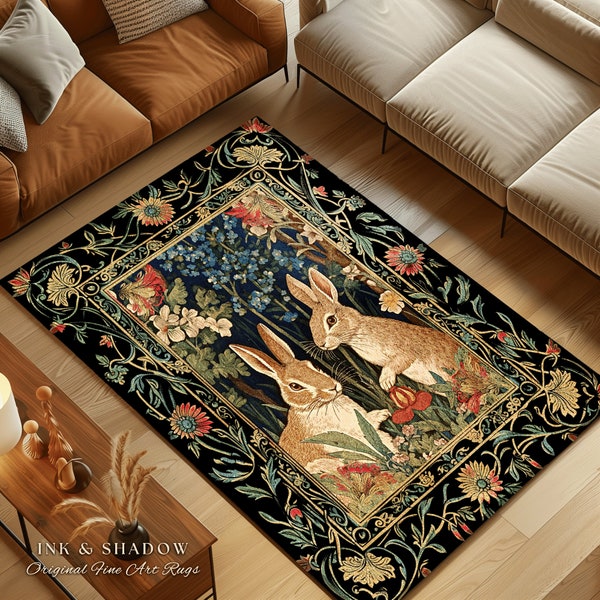 Bunnies in the Woodland Rug | Spring Bunnies Room Decor William Morris Inspired Forest Aesthetic Fairycore Bedroom Floral Bunny Victorian