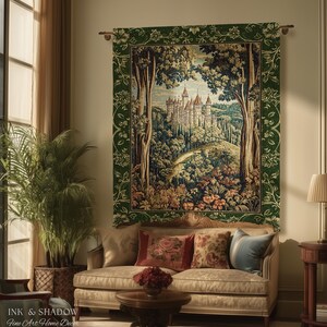 May include: A rectangular wall tapestry featuring a detailed woven scene of a castle nestled within a dense forest. The tapestry is framed by a wide, dark green border decorated with floral patterns and is suspended from a metal rod.
