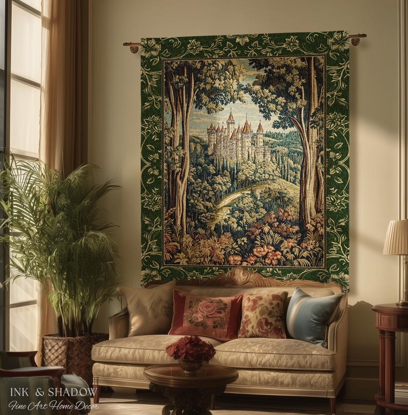 May include: A rectangular wall tapestry featuring a detailed woven scene of a castle nestled within a dense forest. The tapestry is framed by a wide, dark green border decorated with floral patterns and is suspended from a metal rod.