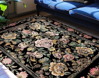 Antique Rose Aesthetic Rug Victorian Floral Dark Academia Decorative Rug Pink Rose Flower Dark Cottagecore Vintage Floral Housewarming Gift