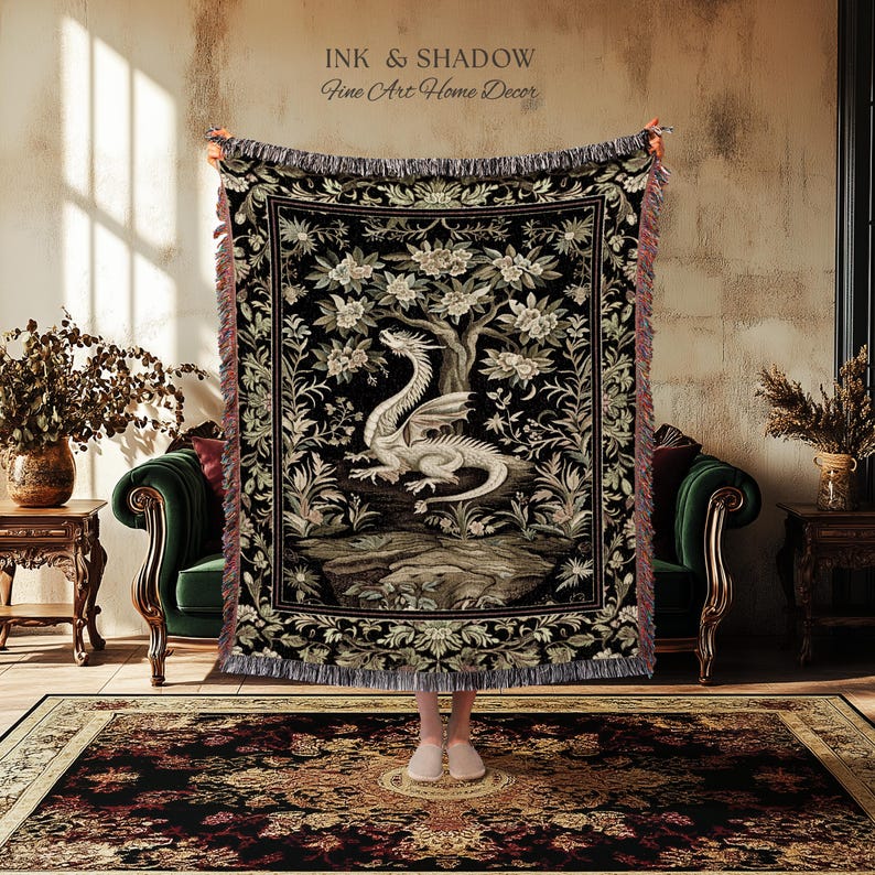 Woodland Gothic White Dragon Blanket Enchanted Forest Tapestry Throw | Mystical Dark Academia Whimsical Fantasy Forestcore Art Deco Decor image 2