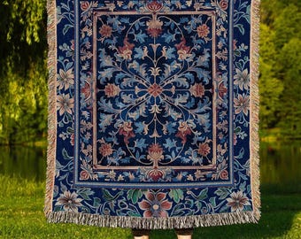Baroque Medieval Florals Throw Blanket | Renaissance Themed Woven Tapestry Victorian Gothic Decor Elegant Botanical Pattern Dark Academia