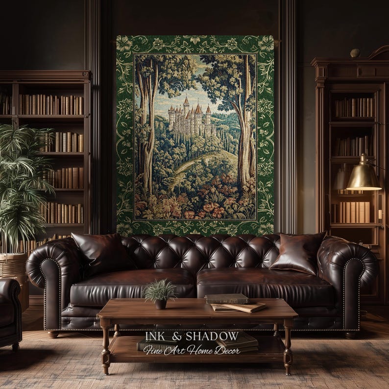 May include: A rectangular wall tapestry featuring a detailed scene of a castle nestled in a forest, framed by a dark green border with floral patterns. The text "INK & SHADOW Fine Art Home Decor" is printed in white on the lower portion of the tapestry.