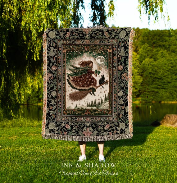 Holiday Witch Black Cat Blanket | Nostalgic Halloween Enchanted Cottagecore Decor Mystic Aesthetic Woven Wall Tapestry Gothic Elegance Throw