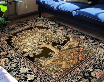 Muted Tones Eclectic Tree of Life Rug | Rustic Bohemian Aesthetic Decor Nature Inspired Bedroom Accent Rug Enchanted Cottagecore Fairycore