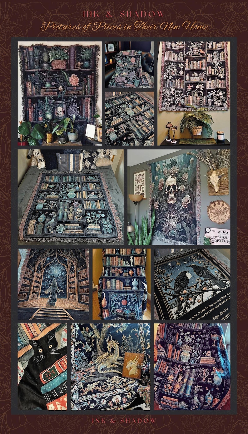 Dark Cottagecore Decor Gothic Tapestry | Goblincore Decor Goth Tapestry Teal Blanket Throw | Witchy Decor Bedroom Goth Blanket Woven Throw image 9