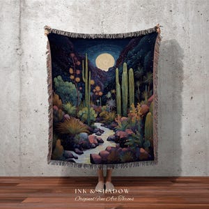 Moonlit Landscape Desert Throw Blanket Woven Tapestry Night Sky Cactus Blanket Desert Night Mystical Blanket Southwestern Boho Blanket Bild 1